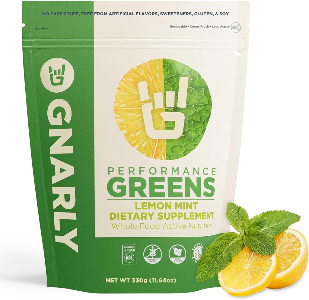 Gnarly Nutrition Greens Superfood Powder – Lemon Mint Performance Super Greens Powder – NSF Contents Certified – Organic, Probiotics & Essential Micronutriments - Lemon Mint, 11.64 oz