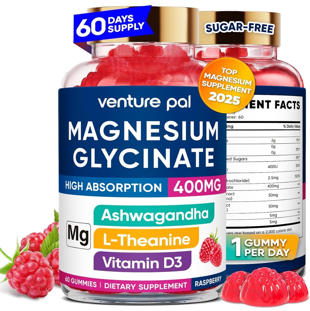 60 jours d'approvisionnement Magnésium Glycinat 400mg Gommies avec Ashwagandha, L-Theanine, CoQ10, Vitamine D3 & B6, sans sucre Gommies de magnésium pour adultes et enfants, soulagement du stress, sommeil et calme, végétalien, sans gluten