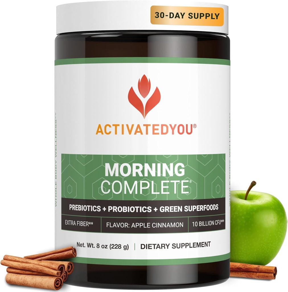 ACTIVATEDYOU Matin Complete Daily Wellness Greens Superfood Drink Mix for Gut Health w/Prebiotiques, Probiotiques, Antioxydants, Green Superfoods, 10 milliards d'UFC, 30 portions (Apple Cinnamon)
