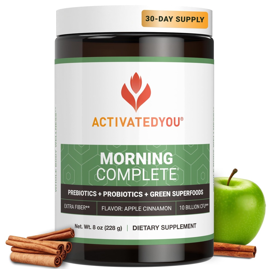 ACTIVATEDYOU Matin Complete Daily Wellness Greens Superfood Drink Mix for Gut Health w/Prebiotiques, Probiotiques, Antioxydants, Green Superfoods, 10 milliards d'UFC, 30 portions (Apple Cinnamon)
