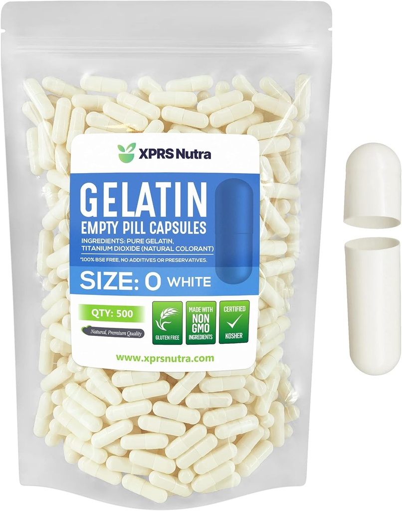 XPRS Nutra Size 0 Empty Capsules - 500 Count Empty Gelatin Capsules - Pills DIY Capsule Filling - Pure Bovine Pill Gel Caps for Do-It-Yourself Supplements (White)
