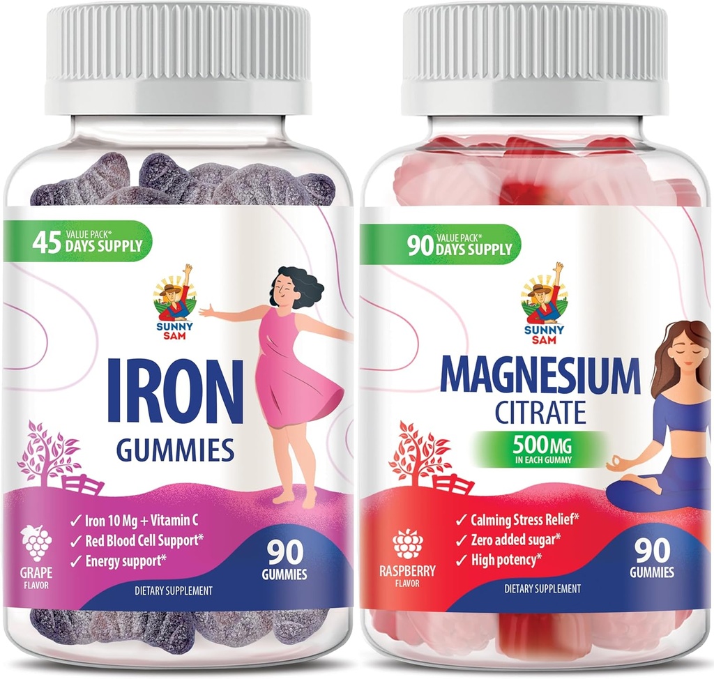 Magnesium Gummies 500mg & Iron Gummies for Adults - Iron Vitamins with Vitamin C