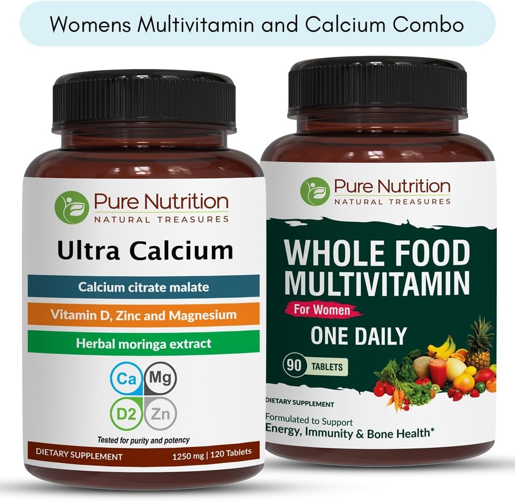 Pure Nutrition Ultra Calcium 1000mg et aliments entiers Multivitamines femmes 1500mg pour des os, des articulations et le bien-être global. Ultra Calcium 120 Tabs + Multivitamines femmes 90 Tabs.