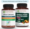 Pure Nutrition Ultra Calcium 1000mg et aliments entiers Multivitamines femmes 1500mg pour des os, des articulations et le bien-être global. Ultra Calcium 120 Tabs + Multivitamines femmes 90 Tabs.