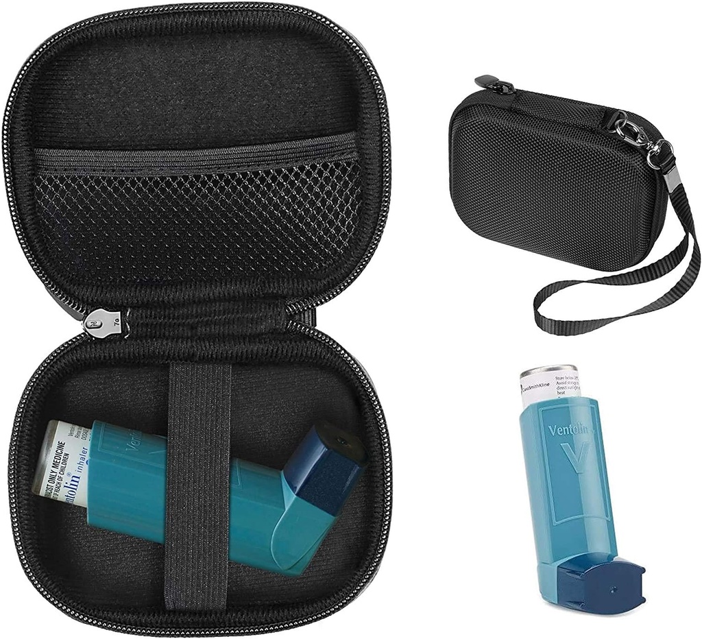CaseSack Asthma Inhaler étui, compact et robuste pour inhalateur pour adultes et enfants, avec chambres pour pilules et autres essentiels (noir)