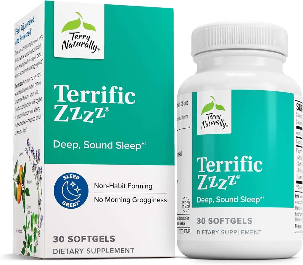 Terry Naturally Terrific Zzz - Supplément de sommeil pour adultes - Supplément diététique avec mandarine, baume de citron et lavande - Aide non-OGM pour la relaxation et le soulagement du sommeil - 30 Softgels