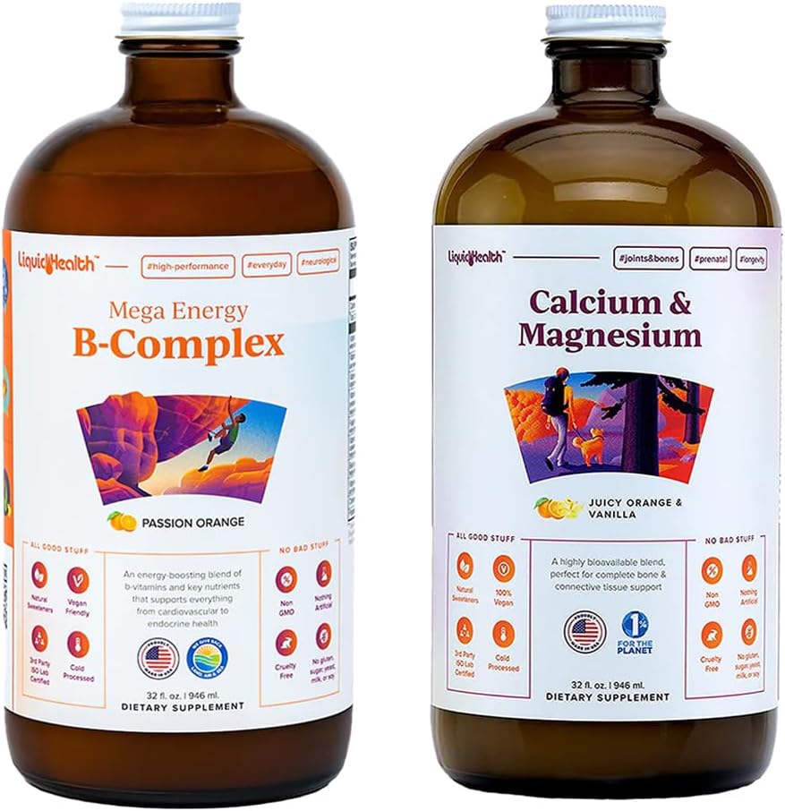 LIQUIDHEALTH Mega Energy B-Complex & Calcium and Magnésium Liquid Vitamine Bundle pour les adultes - Augmenter le niveau d'énergie naturelle, soutenir la santé des os et des articulations, Boost Immune System - Vegan, Non-OGM, USA Made