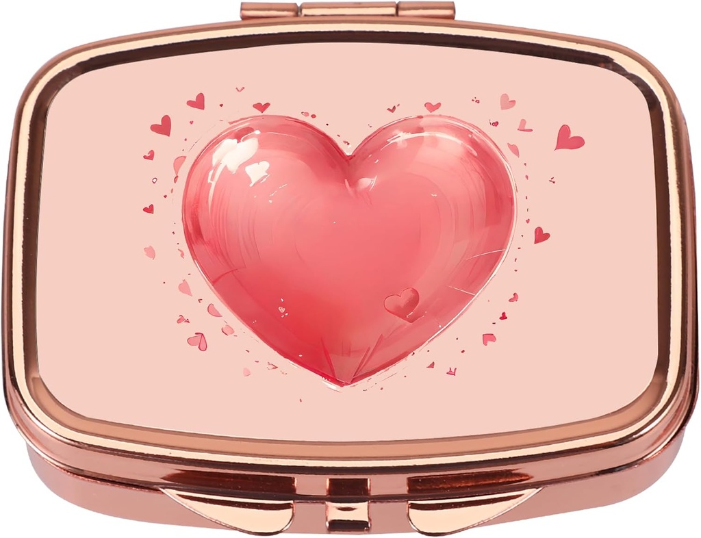 Dynippy Pill Case Pill Box with Mirror Retro Pocket 2 Compartment Medicine Case Vitamin Pill Organizer for Pocket Purse and Travel (Rose Gold- Red Heart Pattern)
