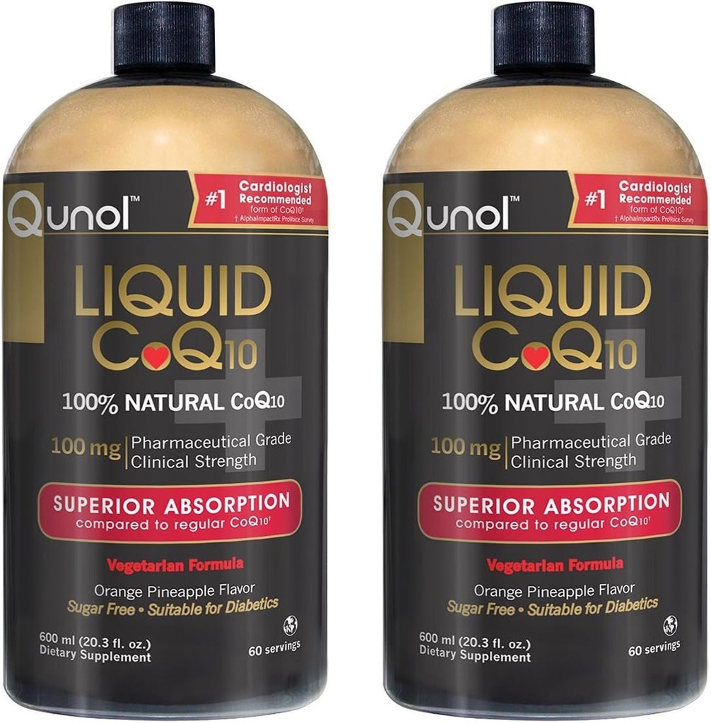 Qunol Liquid CoQ10 100mg, Supplément naturel d'absorption supérieure de Coenzyme Q10, Antioxydant pour la santé cardiaque, Aromatisé aux ananas d'orange, 60 portions, 20.3 oz bouteille, boîte de 2