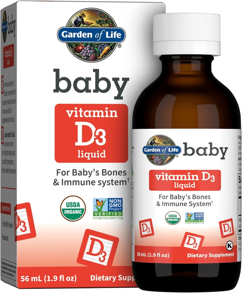 Jardin de la vie Vitamine D3 liquide pour bébé, 600 UI (15 mcg) Vitamine D liquide organique pour nourrissons et tout-petits, soutien pour les os et le système immunitaire pour bébé, sans gluten et sans OGM, 56 mL (1,9 fl oz) liquide