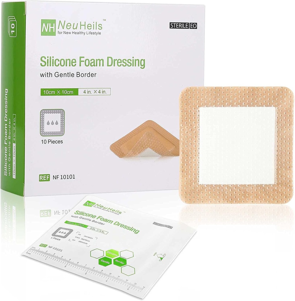 NeuHeils Silicone Mousse adhésive Dressing with Gentle Border 4''x4'' pour Lit Slee Leg Ulcer 10 Pack, Haute Absorbabilité Imperméable Silicone Bandage