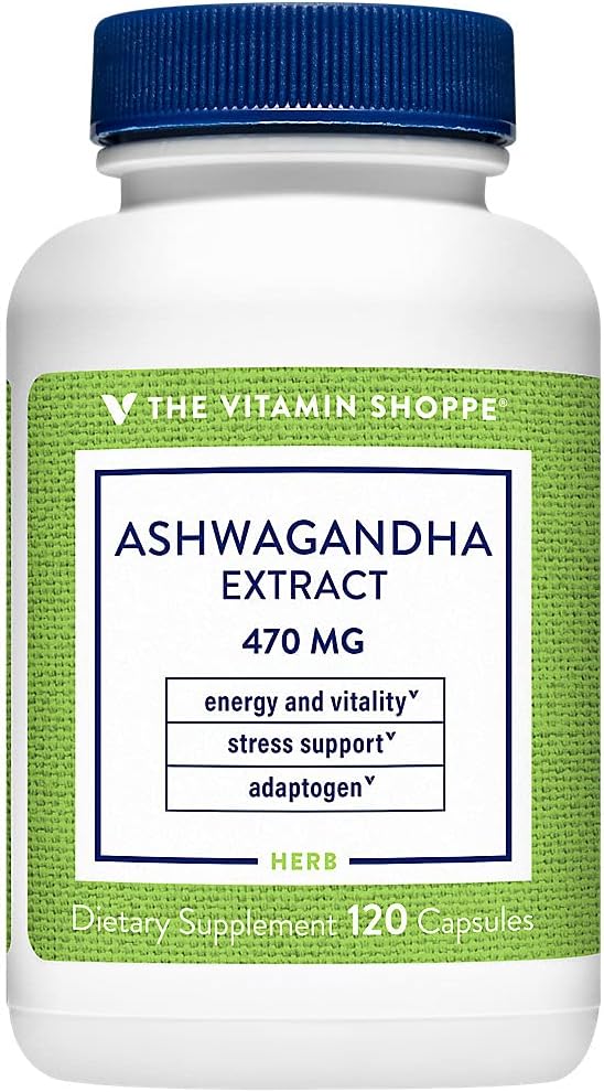 The Vitamine Shoppe Ashwagandha Extract 470MG - Supplément à base de plantes qui apporte énergie et vitalité, aide à la gestion du stress (120 capsules)