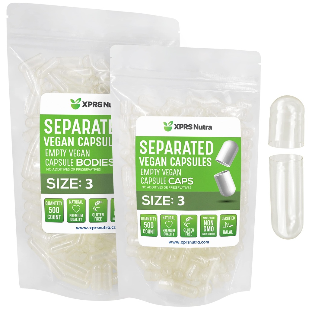 XPRS Nutra Vegan Taille 3 Capsules séparées- 500 Compte Caps vides Premium Séparés dans les sacs - Capsules vides claires - Pills pour le remplissage de supplément de bricolage