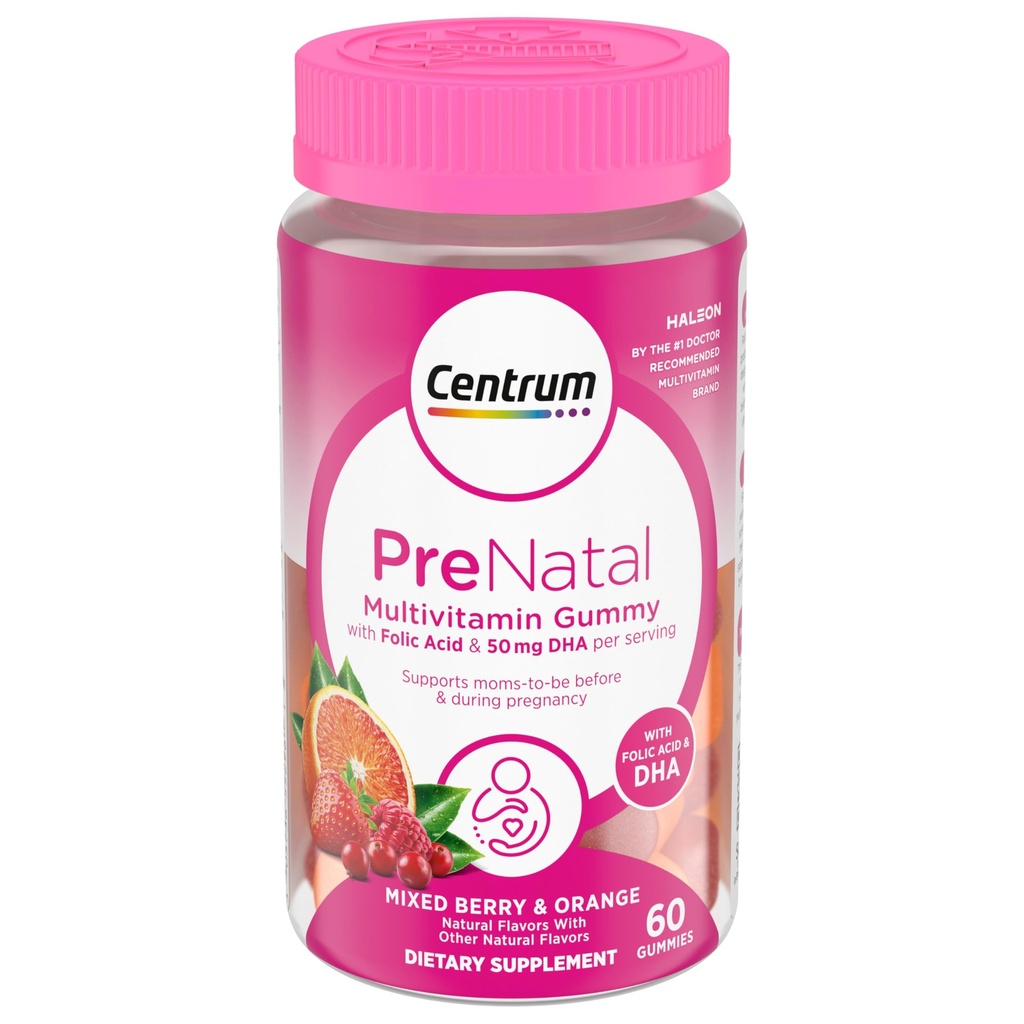 Gommies de multivitamines prénatales Centrum avec ADH et acide folique, arômes de baies mixtes et oranges - 60 comtes, 30 jours