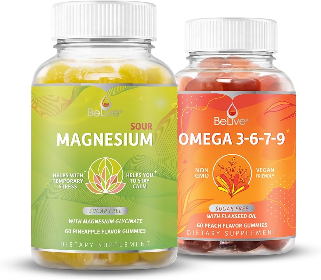 BeLive Magnésium Glycinate et Omega 3-6-7-9 Bundle pour la relaxation, le sommeil, le cerveau, le cœur et le système intégré