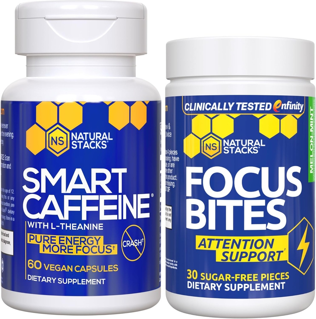 NATURAL STACKS Smart Caffeine + Focus Bites Bundle - Caffeine & Paraxanthine Supplements - Supports Energy & Focus* - No Jitters or Crash - 90 Pieces