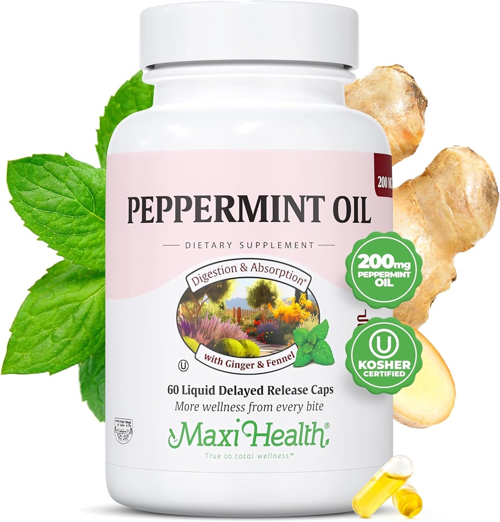 Maxi Health Capsules d'huile de menthe poivrée – Huile de gingembre biologique et Capsule de libération retardée – Supplément de menthe poivrée ingestible pour le soutien digestif (60 capsules)