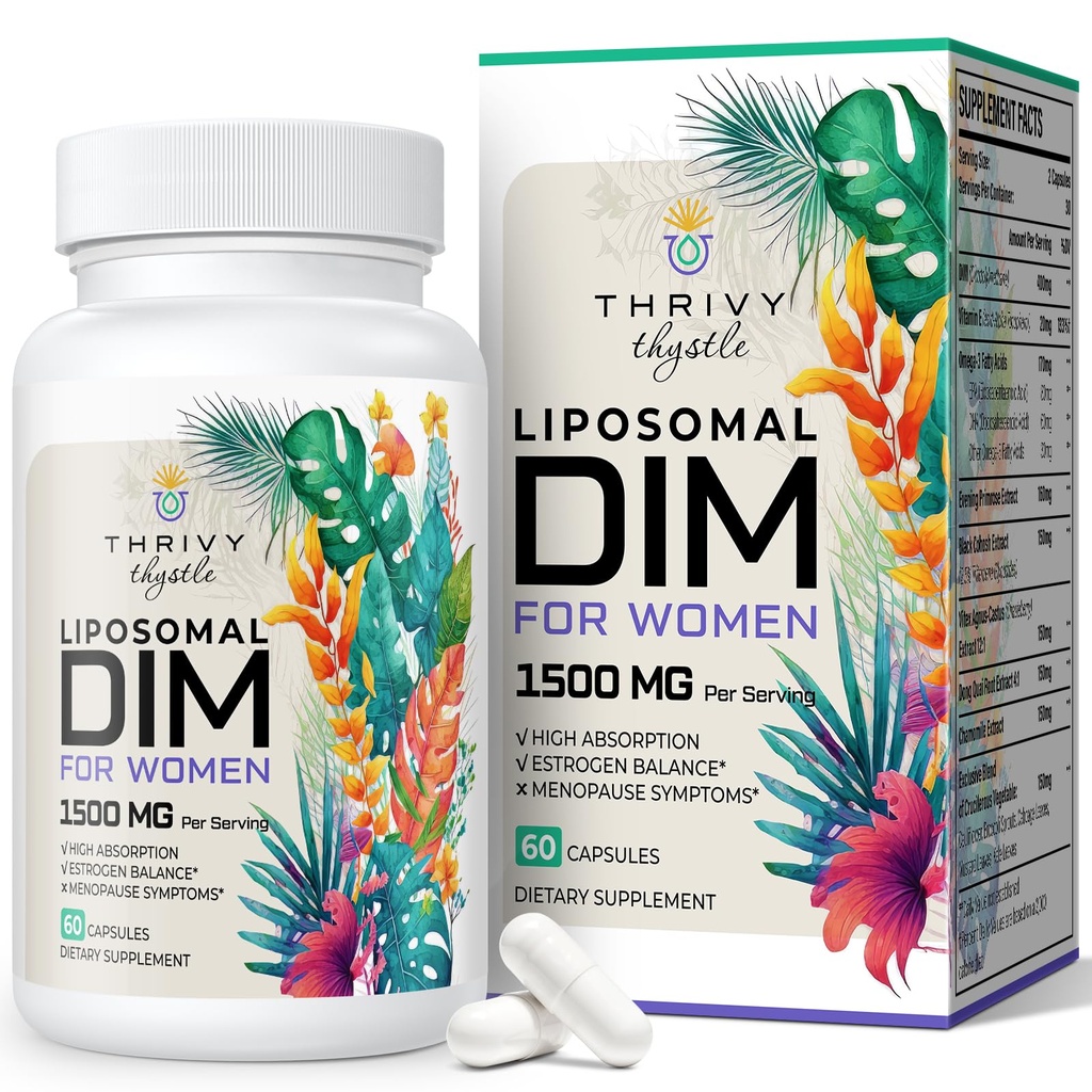 Supplément DIM liposomique - 1500 mg Supplément DIM féminin - Suppléments estrogènes contenant de la vitamine E, Primrose du soir, Cohosh noir, Acides gras oméga-3