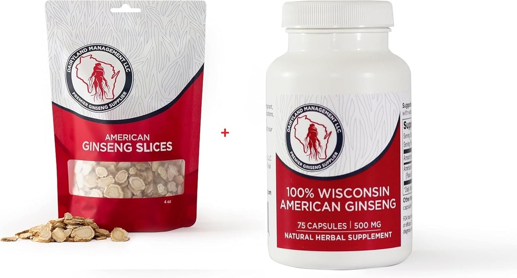 Dairyland American Ginseng Slices 4 oz et capsules 75 ct Pack de Ginseng Wisconsin – Direct de l'agriculteur au consommateur