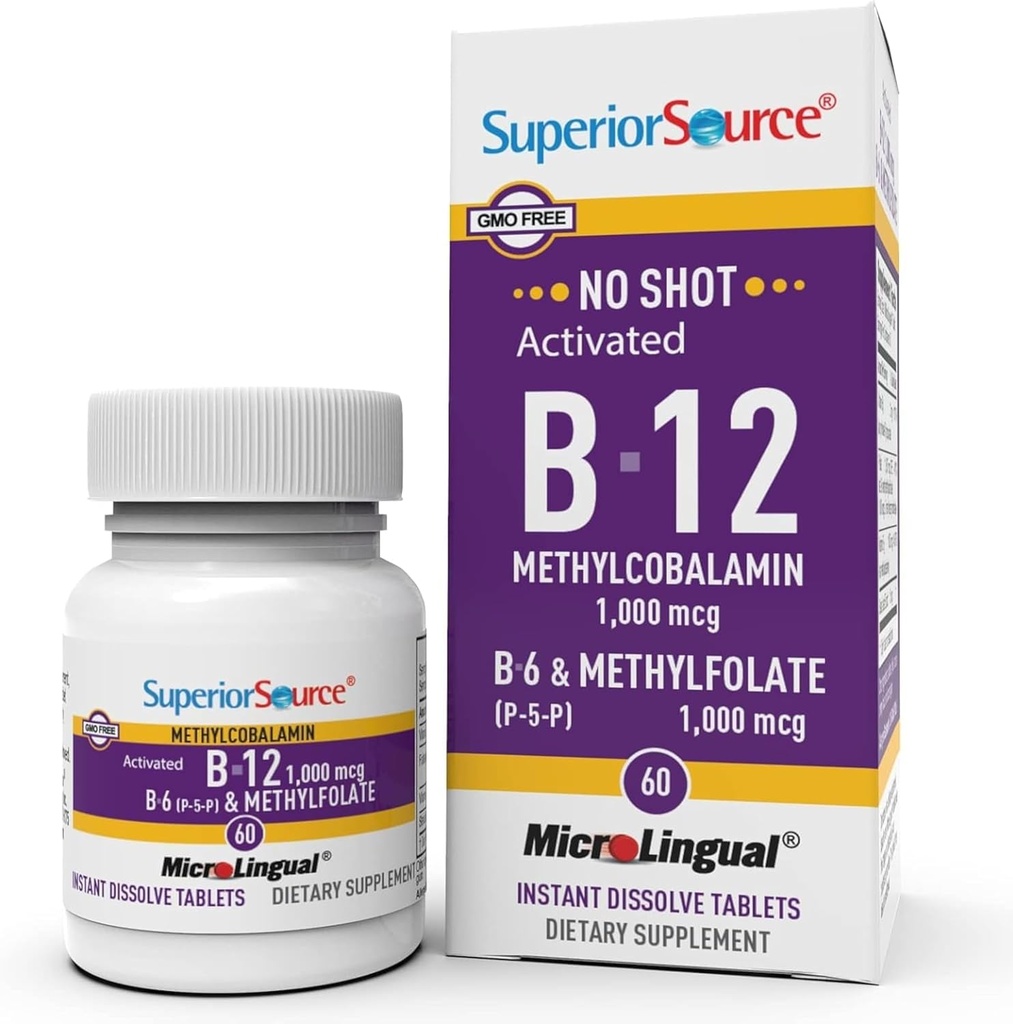 Source supérieure Pas de shot Vitamine B-12 Méthylcobalamine 1000 mcg, B-6, et méthylfolate 1000 mcg - Soutienne l'énergie, le cerveau et la santé cardiaque - Bariatrique - 60 comprimés sublinguals de dissolution
