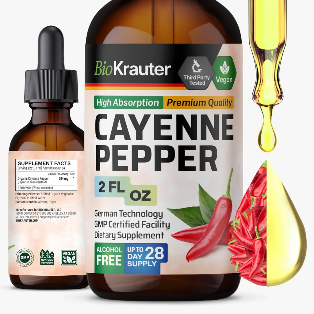 BIO KRAUTER® Cayenne Pepper Drops 684 mg - Pure Vegan Cayenne Pepper Suppléments 2 Fl.Oz 28 jours d'approvisionnement - Capsaicin naturel pour le soutien digestif - Sans alcool et sans sucre, sans OGM