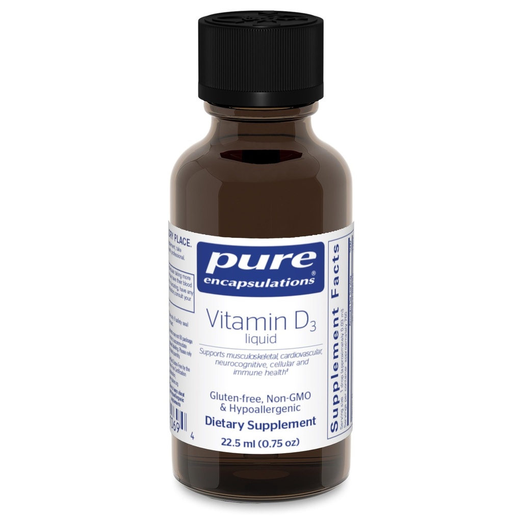 Encapsulations pures Vitamine D3 Liquid, supplément pour soutenir la santé des os, des seins, des cardiovasculaires, des colonies et des immunes.