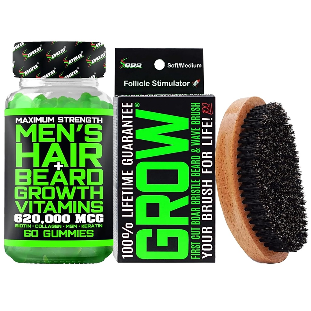 Kit de croissance de la barbe avec 620 000 mcg 14-en-1 BIOTIN Gommies/Barde Croissance Vitamines et Vitamines de croissance des cheveux pour les hommes + 100 % de remplacement à vie Brosse de bruine première coupe et brosse à 360 vagues pour les hommes