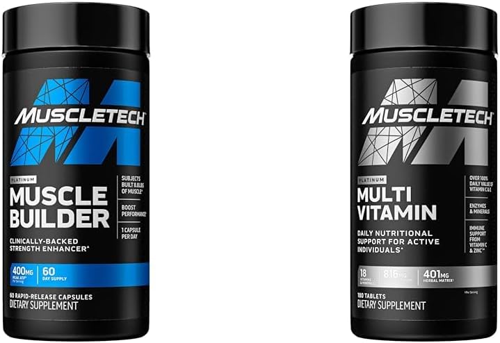 MuscleTech Muscle Building & Multivitamin Supplement Bundle - Booster à oxyde nitrique et gaineur musculaire avec ATP de 400mg, 60 pilules et multivitamine platine, 180 ct