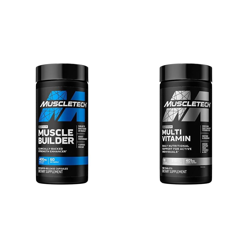 MuscleTech Muscle Building & Multivitamin Supplement Bundle - Booster à oxyde nitrique et gaineur musculaire avec ATP de 400mg, 60 pilules et multivitamine platine, 180 ct