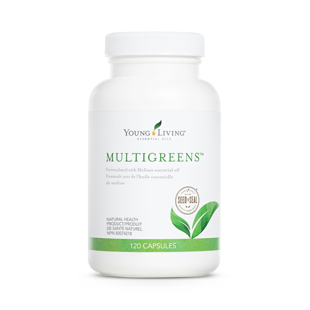 Young Living MultiGreens Capsules - 120 ct Huiles Essentielles - Boost Vitalité & Support Systèmes Glandulaires, Nerveux, Circulatoires - Supplément à base de plantes avec des huiles revitalisantes