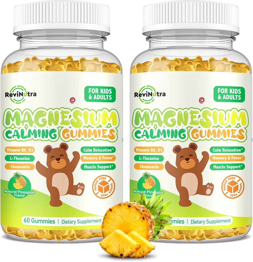 Gommies de magnésium pour enfants - Supplément Glycinat de magnésium avec L-Theanine, Vitamine B6, D3 pour adultes et enfants, Magnésium calme pour le sommeil, Relaxation, Cerveau, Bones, Ananas sans sucre 120ct