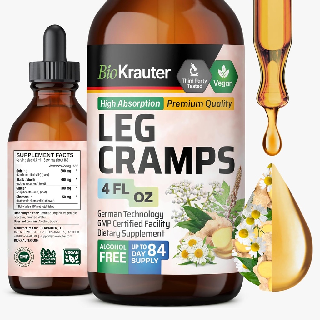 BIO KRAUTER Crampes de jambes Teinture avec Quinine - Extraits liquides de gingembre et de camomille pour les crampes de jambes - Sans alcool naturel et sans sucre - gouttes végétaliennes 4 Fl.Oz.