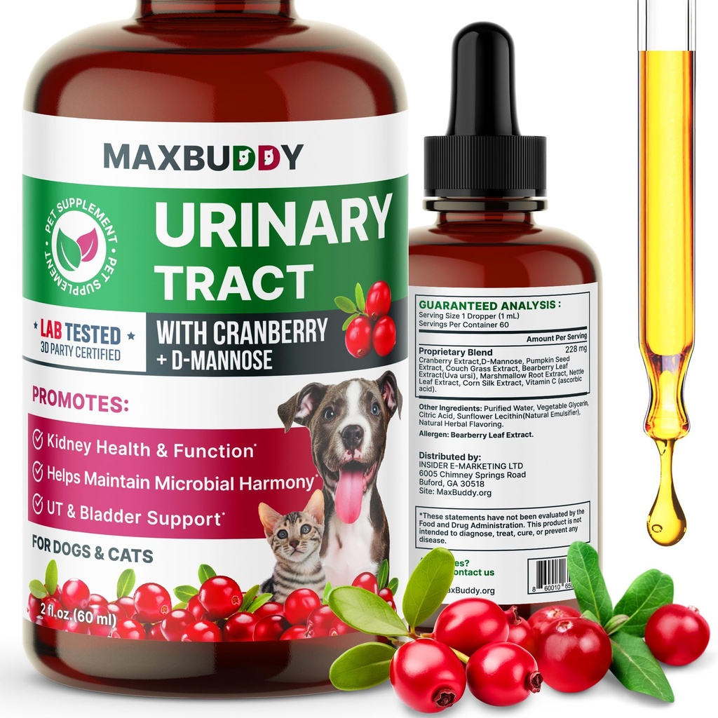 MaxBuddy Soutien naturel au traitement UTI - Soins et aide à la prévention des infections de la canneberge pour les chats et les chiens – gouttes supplémentaires pour le bien-être du rein et de la vésicule - Soutien au flux urinaire