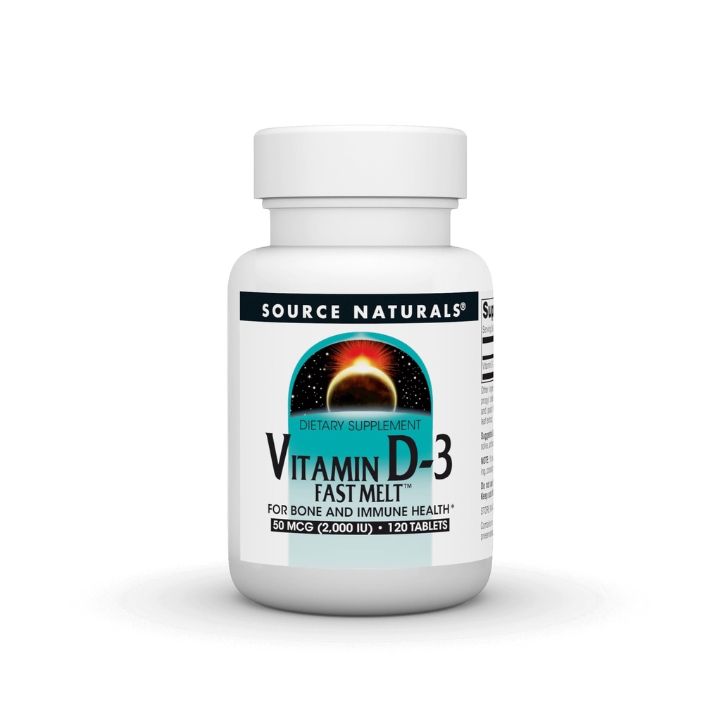 Source Naturals Vitamine D-3 Melt rapide, soutient la santé des os et des immunes* - Saveur de pêche à la cerise noire - 120 comprimés de fonte rapide
