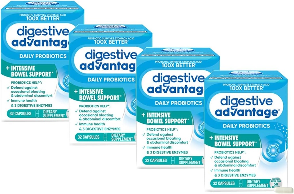 Digestive Advantage Intensive Bowel Support Probiotic Defends Against Gas & Bloating, 32 Count Capsules (4 Pack)