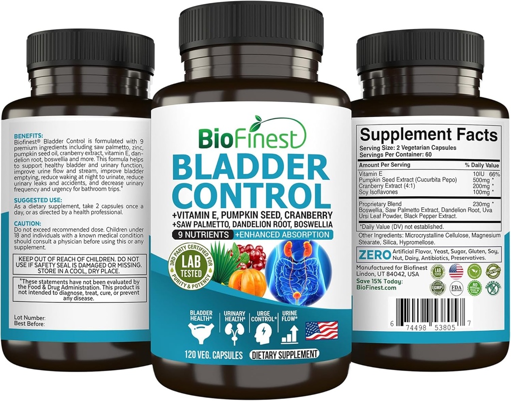 BioFinest Bladder Supplément de contrôle pour les hommes et les femmes - 120 Gélules - Saw Palmetto, canneberge, graines de citrouille, vitamine E, Boswellia, racine de dandelion - Urinary Tract Bladder Health - Fabriqué aux États-Unis