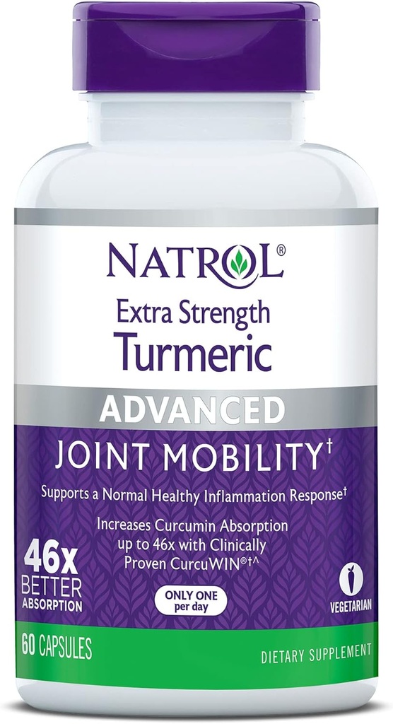 Natrol Extra Strength Turmeric, supplément alimentaire pour la santé articulaire, supplément curcuma pour adultes, 60 capsules, jusqu'à un approvisionnement de 60 jours