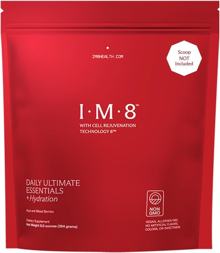 IM8 Daily Ultimate Essentials All-in-1 Multivitamin Supplement, 92 Nutrient Rich Ingredients CoQ10, Probiotics, Vitamins, Greens, GF, Acai Mixed Berry (30 Servings, Refill Pouch)