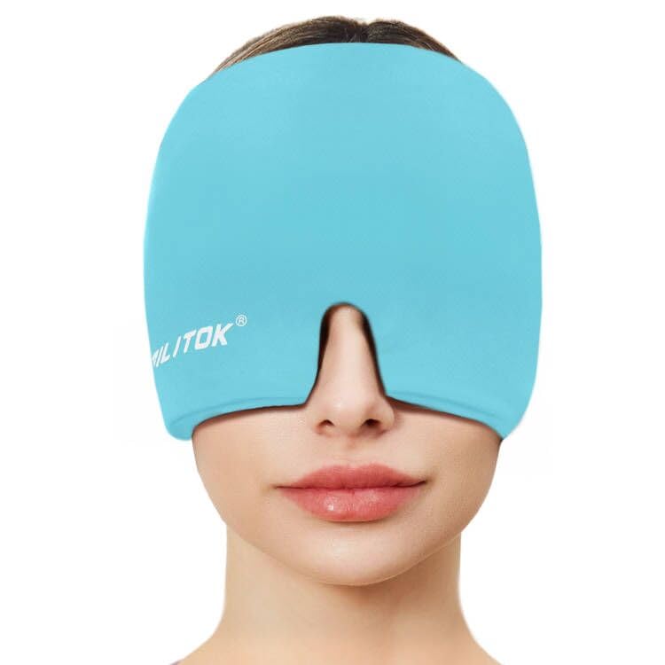 EXQUISLIFE Capuchon de soulagement des maux de tête de la migraine, enveloppe de la tête de glace Gel, thérapie chaude et froide, masque des yeux des maux de tête pour le sinus, les yeux puants, la tension et le soulagement du stress (bleu)