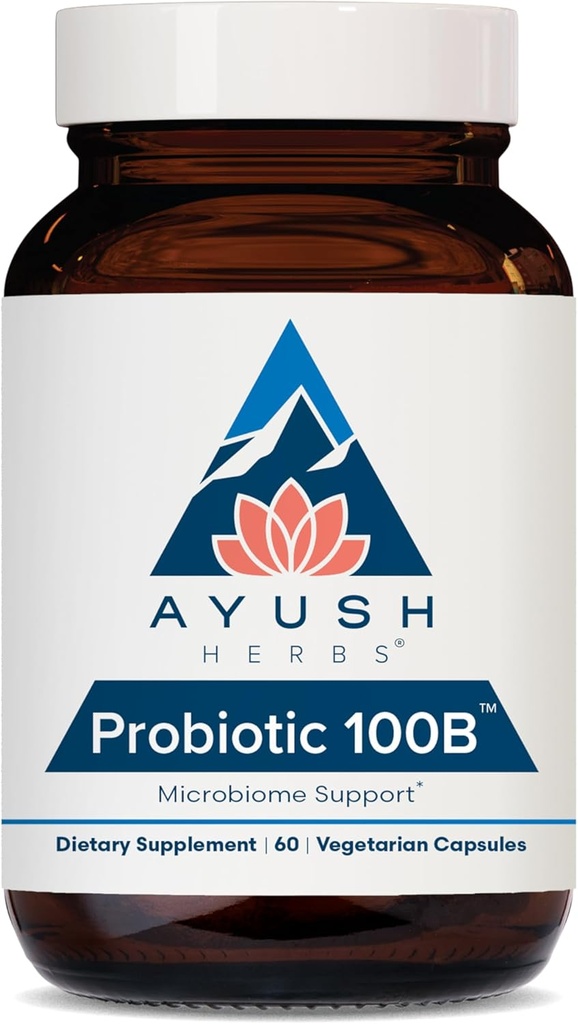 Ayush Herbs Probiotic 100B - Probiotics for Women, Probiotics for Men, Prebiotics and Probiotics for Digestive Health, Gas Relief, Gut Microbiome Balance - 60 Vegetarian Capsules (1 Count)