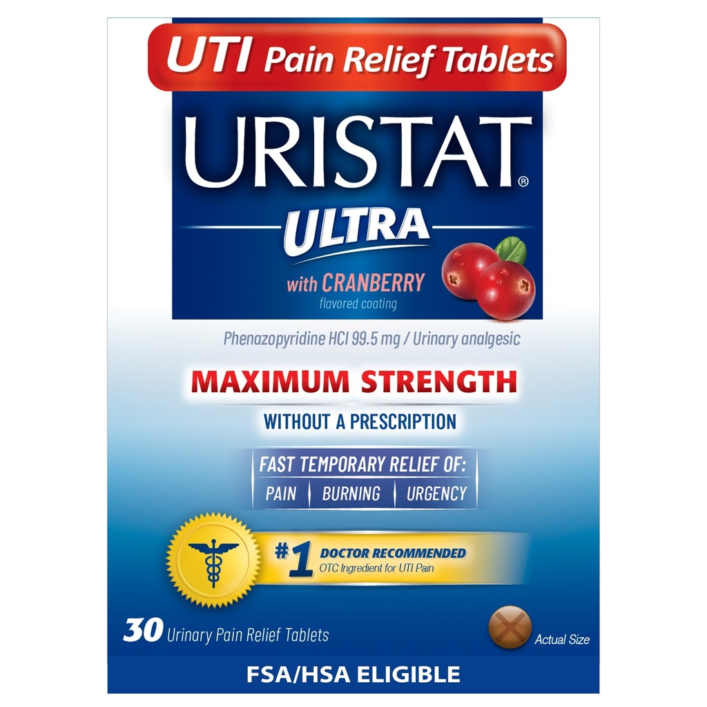 Comprimés de soulagement de la douleur UTI Uristat ultra, traitement rapide de l'infection urinaire, soulagement de la douleur urinaire, brûlure, urgence, résistance maximale, revêtement aromatisé aux canneberges, 30 comprimés