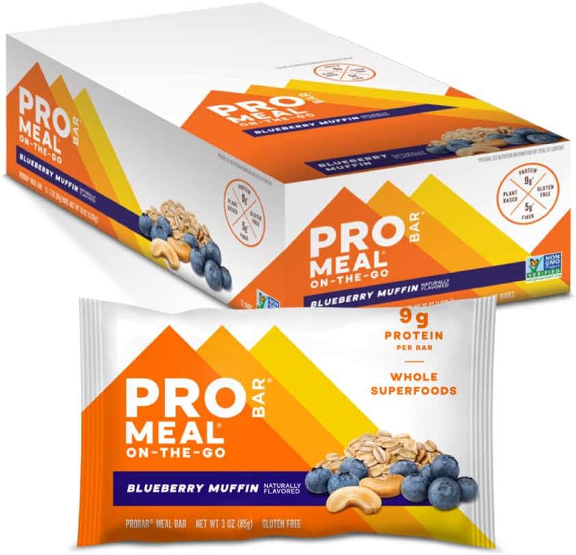 PROBAR - Barre de farine, Muffin de bleuets, non-OGM, sans gluten, saine, végétale, ingrédients alimentaires entiers, énergie naturelle (12 Nombre)