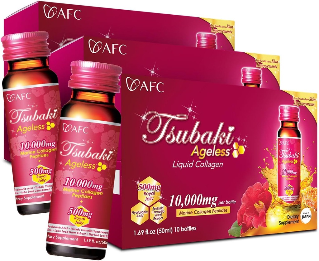 AFC Japon Tsubaki Beauté sans âge Collagène boisson du Japon avec 10 000 mg de Peptides de Collagène Marine + 500mg Jelly Royal + Acide Hyaluronique + Vitamine B & C pour la revitalisation de la peau 1,69fl.ozx10sx3