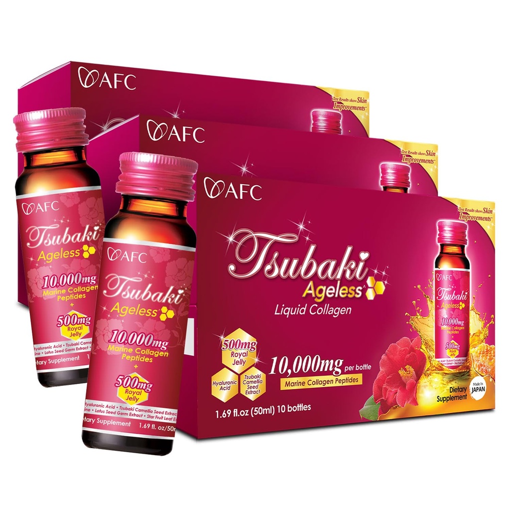 AFC Japon Tsubaki Beauté sans âge Collagène boisson du Japon avec 10 000 mg de Peptides de Collagène Marine + 500mg Jelly Royal + Acide Hyaluronique + Vitamine B & C pour la revitalisation de la peau 1,69fl.ozx10sx3