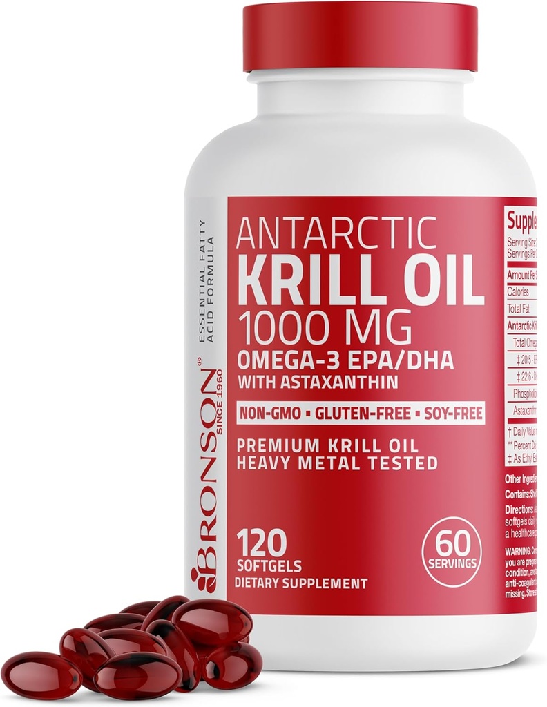 Bronson Antarctique Krill Oil 1000 mg avec Omega-3s EPA, DHA, Astaxanthin et Phospholipides 120 Softgels