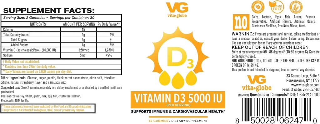 VITA GLOBE Vitamine D3 10,000IU 250mcg avec Zinc et Echinacea Gummy - Soutient un système immunitaire sain, des os forts, des dents et des muscles, 120 Compte (paquet de 2)
