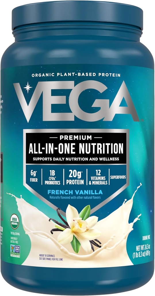 Poudre de protéines Vega biologique tout-en-un, Vanille française -Ingrédients super-alimentaires, Vitamines pour le soutien immunitaire, Keto Friendly, Pois Protein pour les femmes et les hommes, 1,5 lb (paquet de 1)