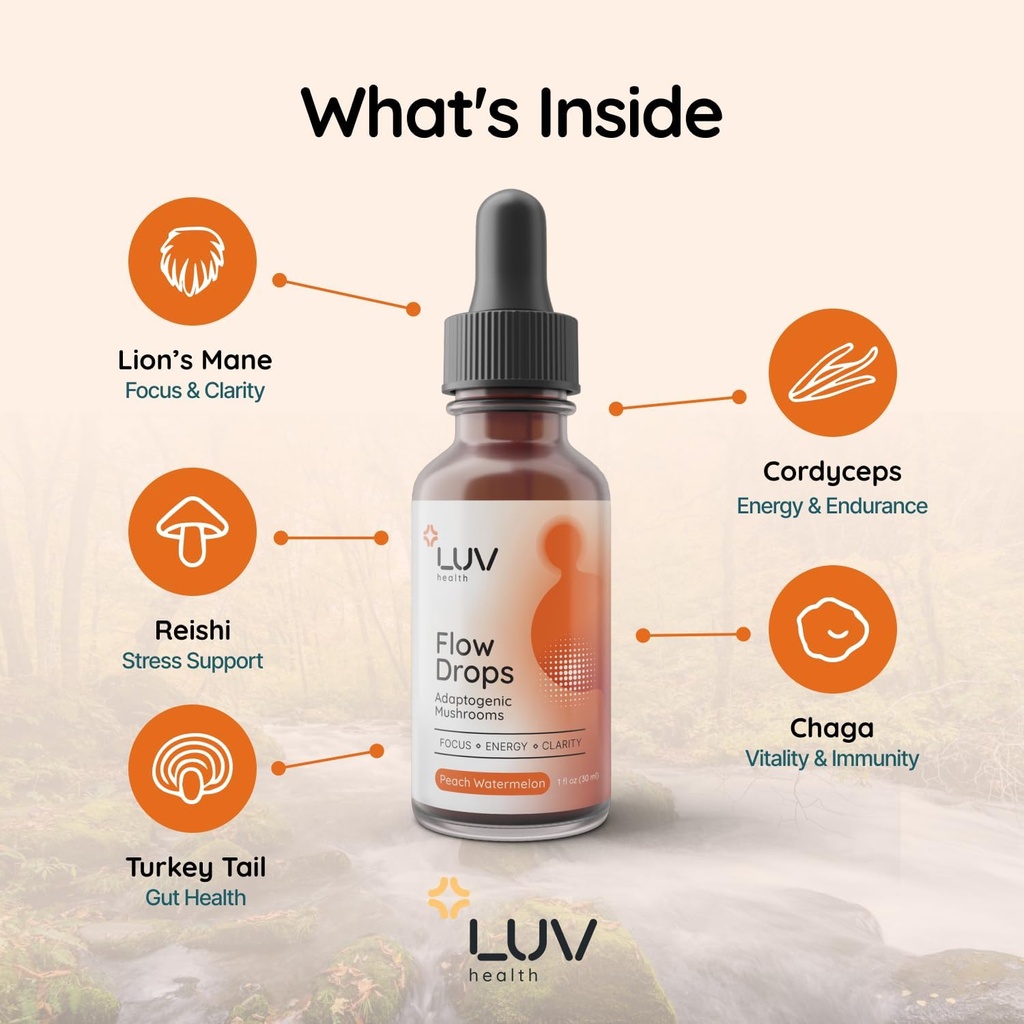 LUV health Drops® – Supplément énergétique pour Focus, Mental Clarity & Immune Support - Champignons adaptogènes avec Mane de Lion, Cordyceps, Reishi, Chaga & Turkey Tail – Vegan, Made in USA 60 Servitures