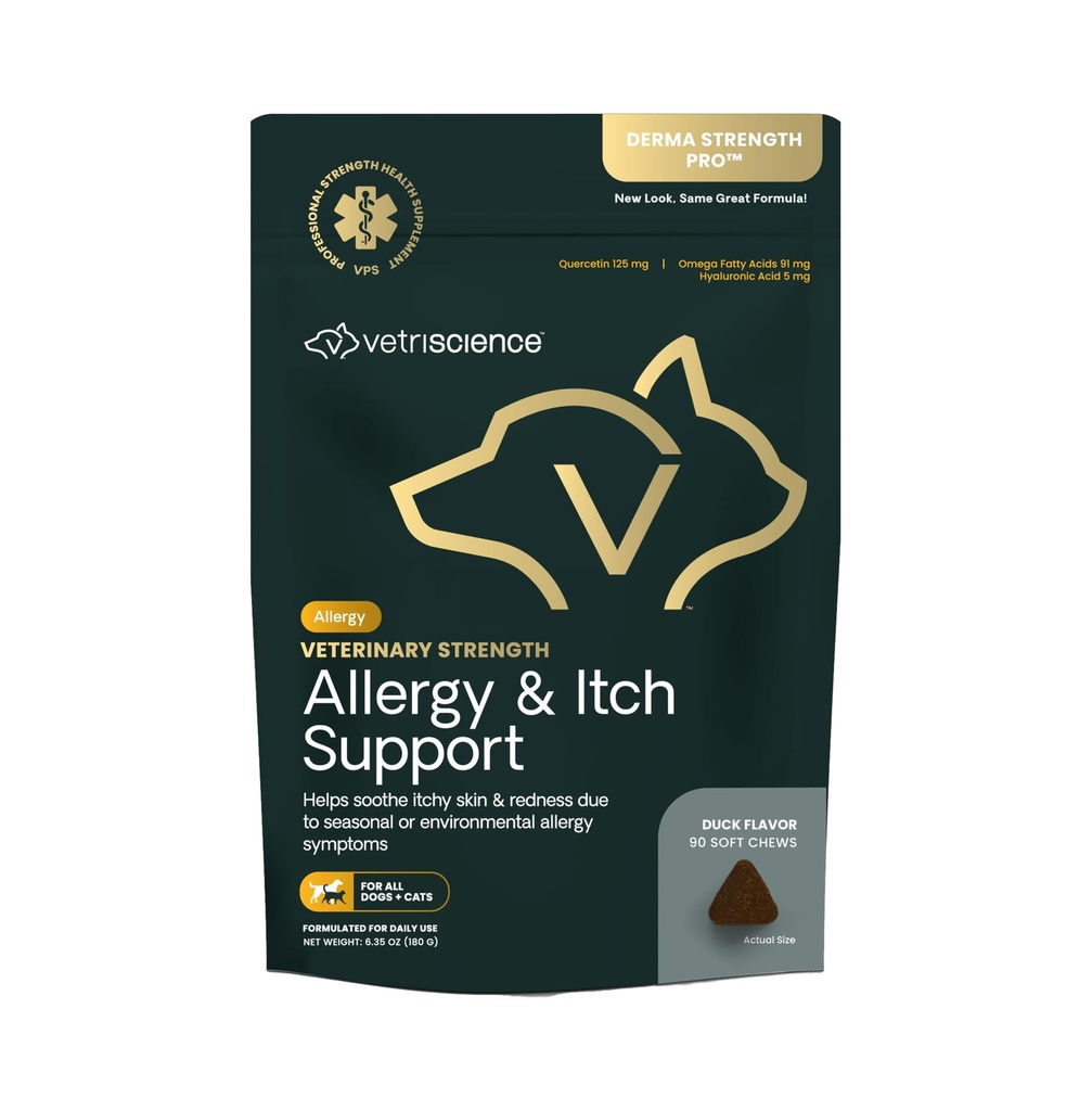 VetriScience Veterinary Strength Allergy & Ditch Support Chews - Supplément de support d'allergie saisonnière pour animaux de compagnie - Soutien de la sensibilité de la peau des animaux - Chats et chiens - Arôme de canard - 60 Chews