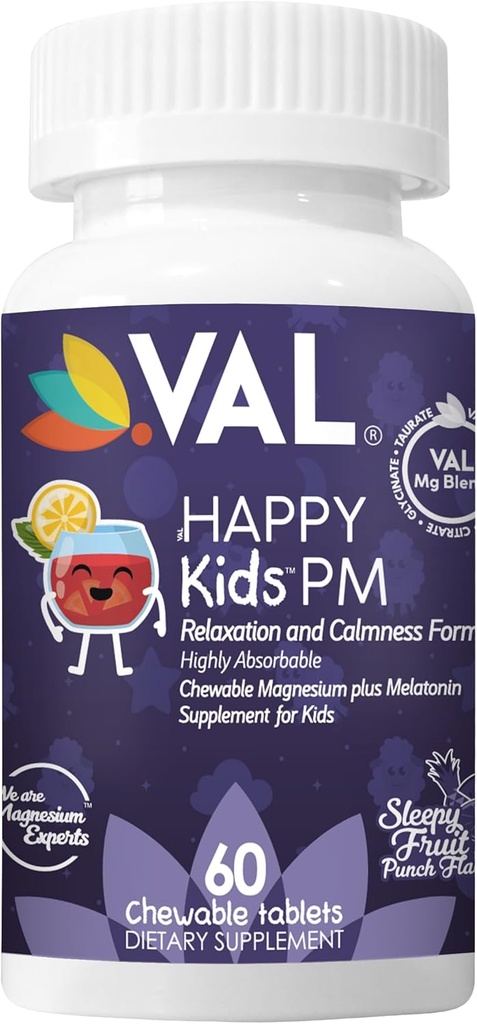VAL Happy Kids PM – Magnésium à mâcher sans sucre avec mélatonine (en anglais seulement) Soutien au sommeil pour les enfants (en anglais seulement) Magnésium Glycinate + Citrate + Taurate (en anglais seulement)